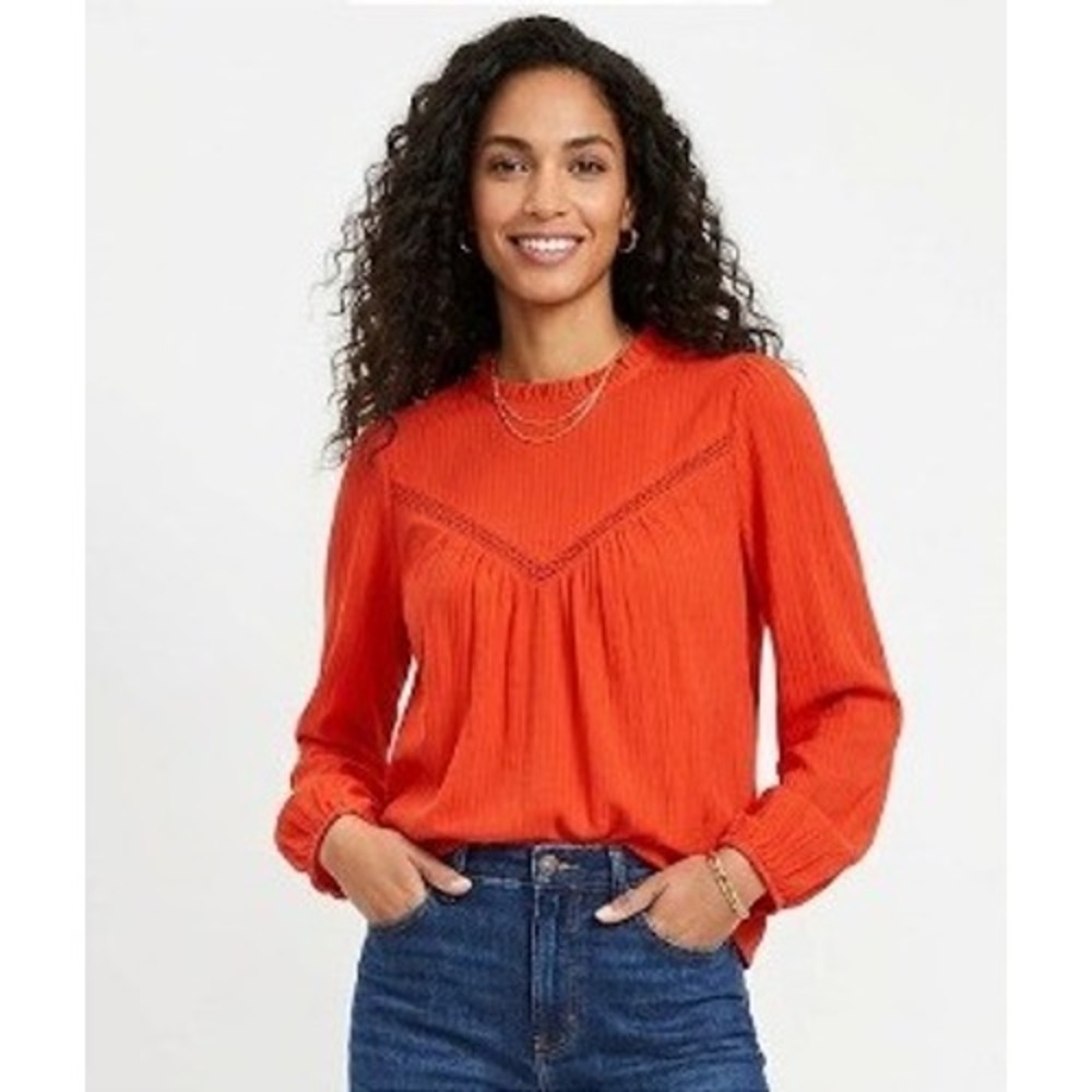 NWT LOFT Blouse Women Large Orange Red Ruffle Neck Lace Trim Long Sleeve 761802